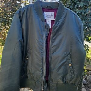American Rag Olive Green Bomber Jacket with Burgundy Lining